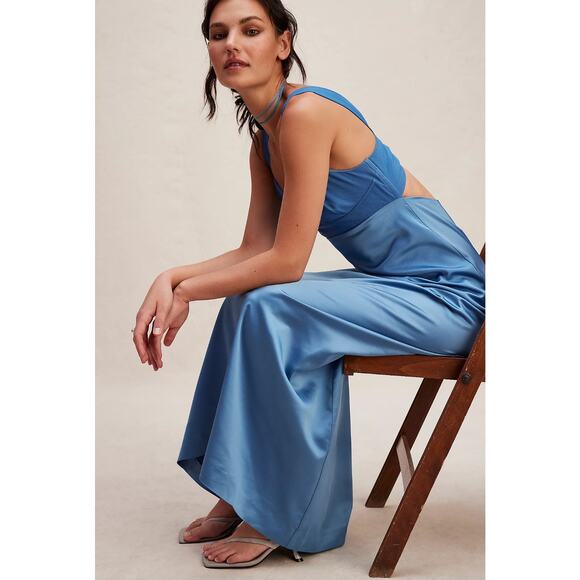 New Free People Gia Silky Maxi Dress $250 SIZE 8 Blue Bustier Slip Gown - Picture 2 of 4